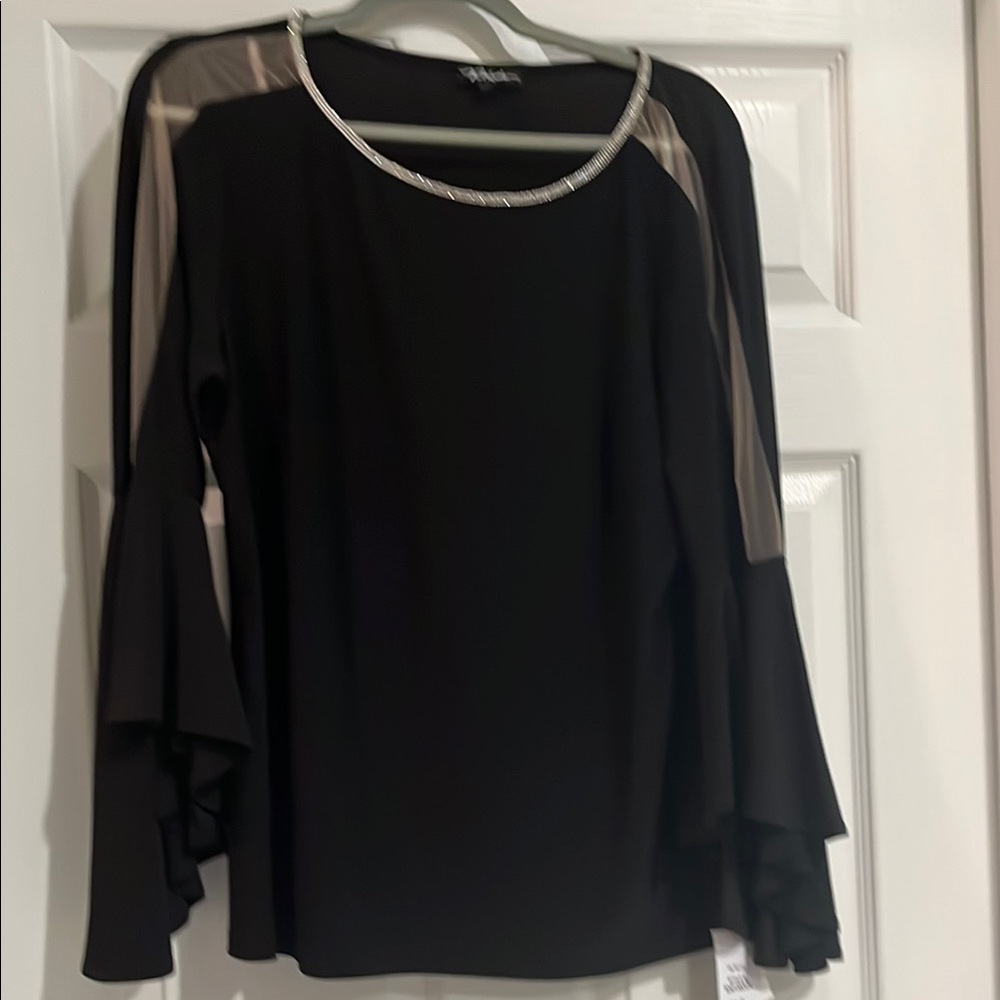 Prelude black fell sleeve with rhinestone collar, blouse, size large